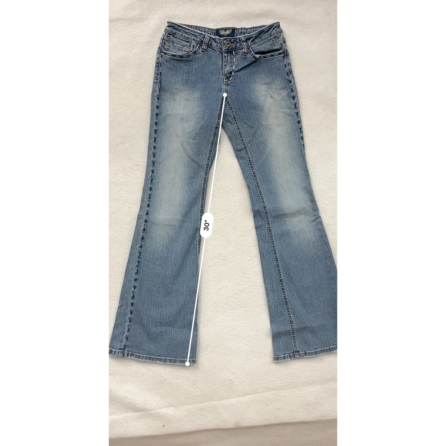 Women’s Y2K Angels Blue Flared Jeans Size 5 With Embellished Pockets & Faded Wash #6738
