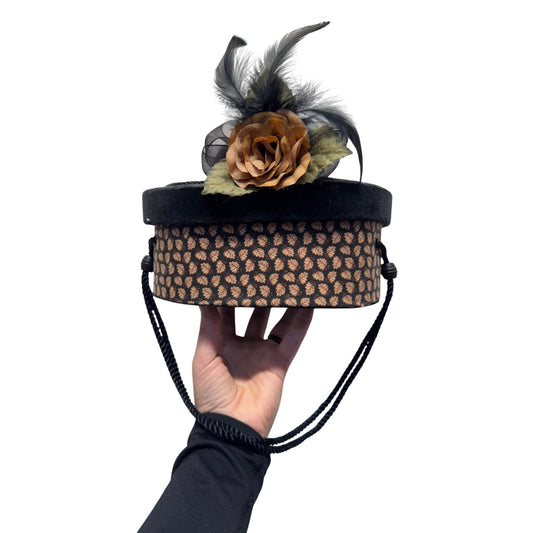Decorative Black Hat Box With Floral & Feather Accent Patterned #9705
