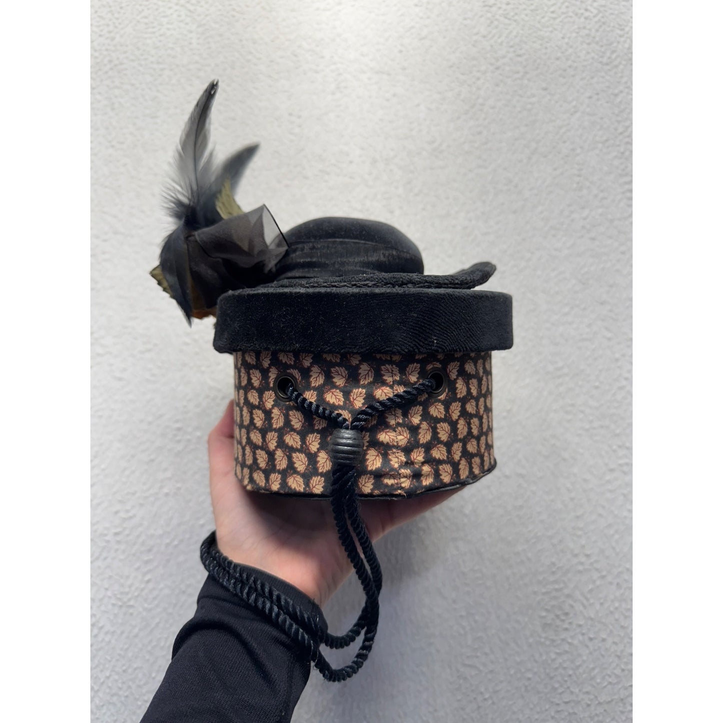Decorative Black Hat Box With Floral & Feather Accent Patterned #9705