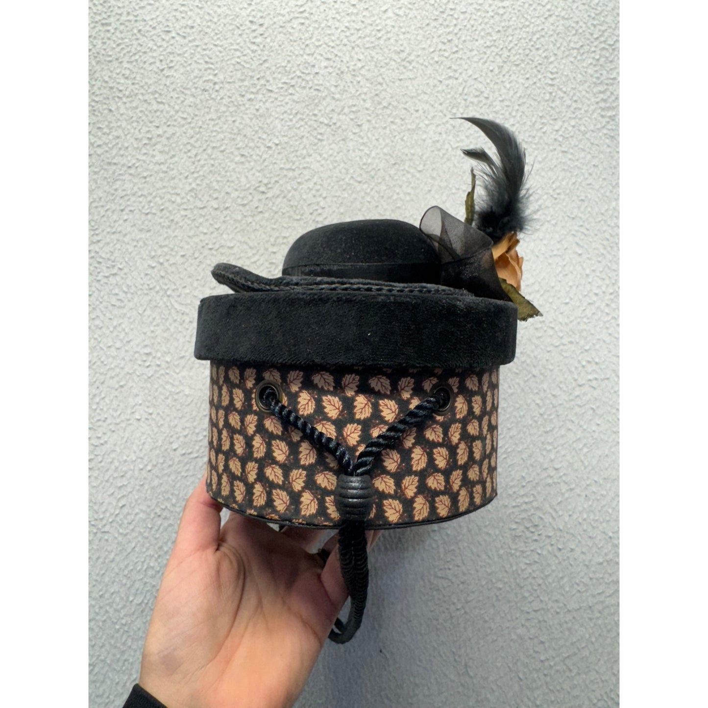 Decorative Black Hat Box With Floral & Feather Accent Patterned #9705