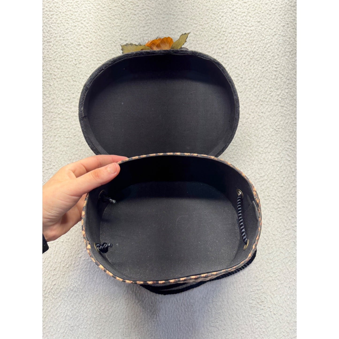 Decorative Black Hat Box With Floral & Feather Accent Patterned #9705