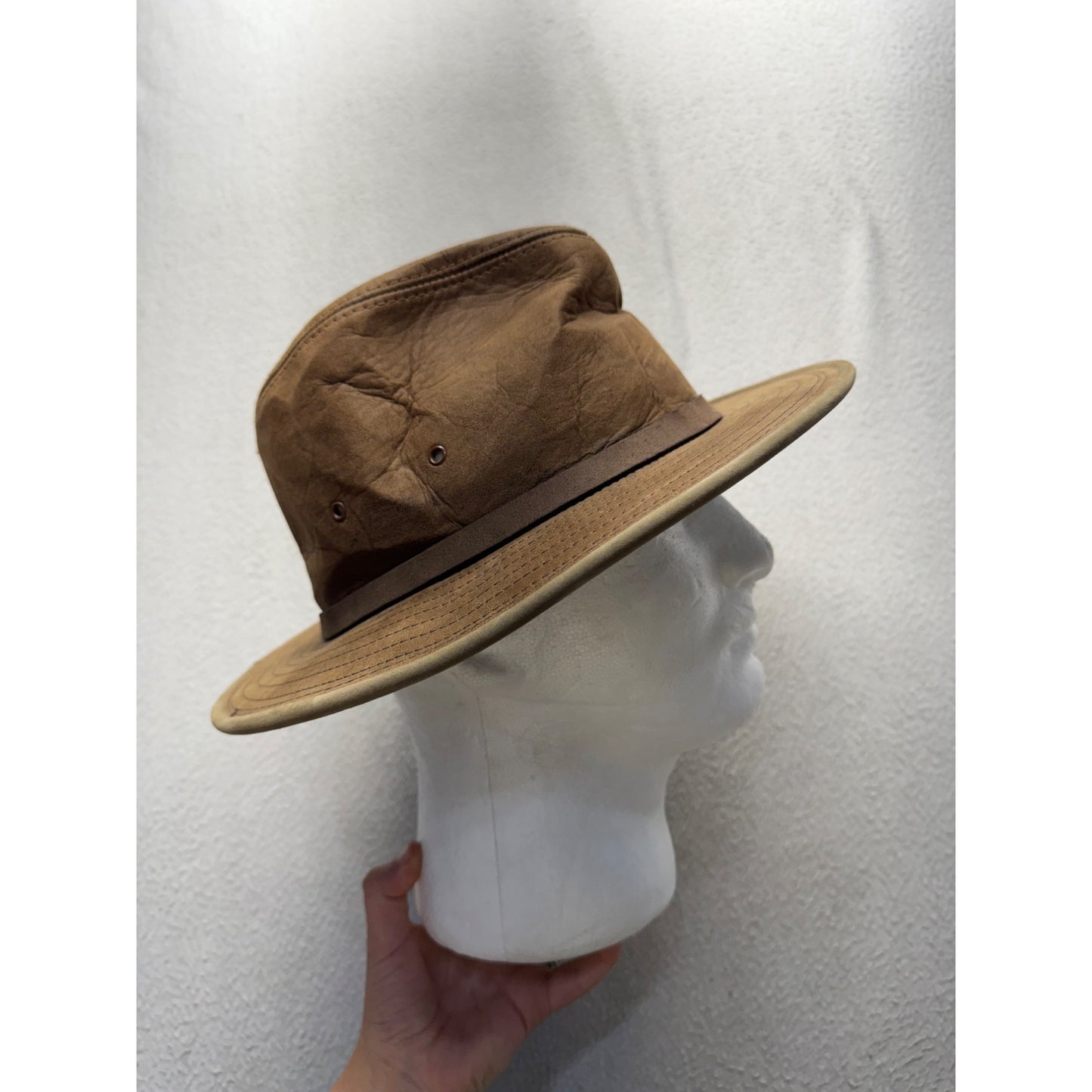 Brown Wide Brim Leather Outdoor Hat W Ventilation Eyelets & Accent Band #9849