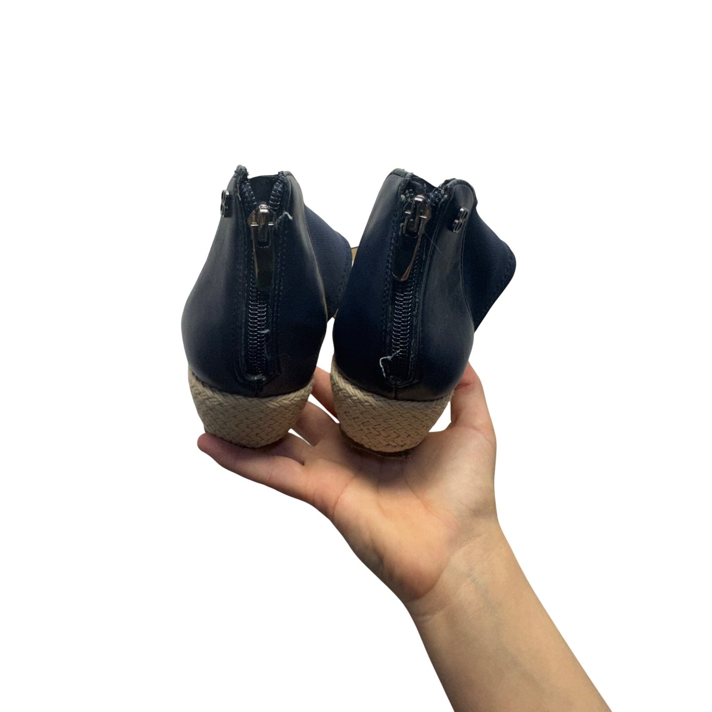 Navy Bandolino Leather Ankle Strap Wedge Sandals With Back Zipper Closure #7921