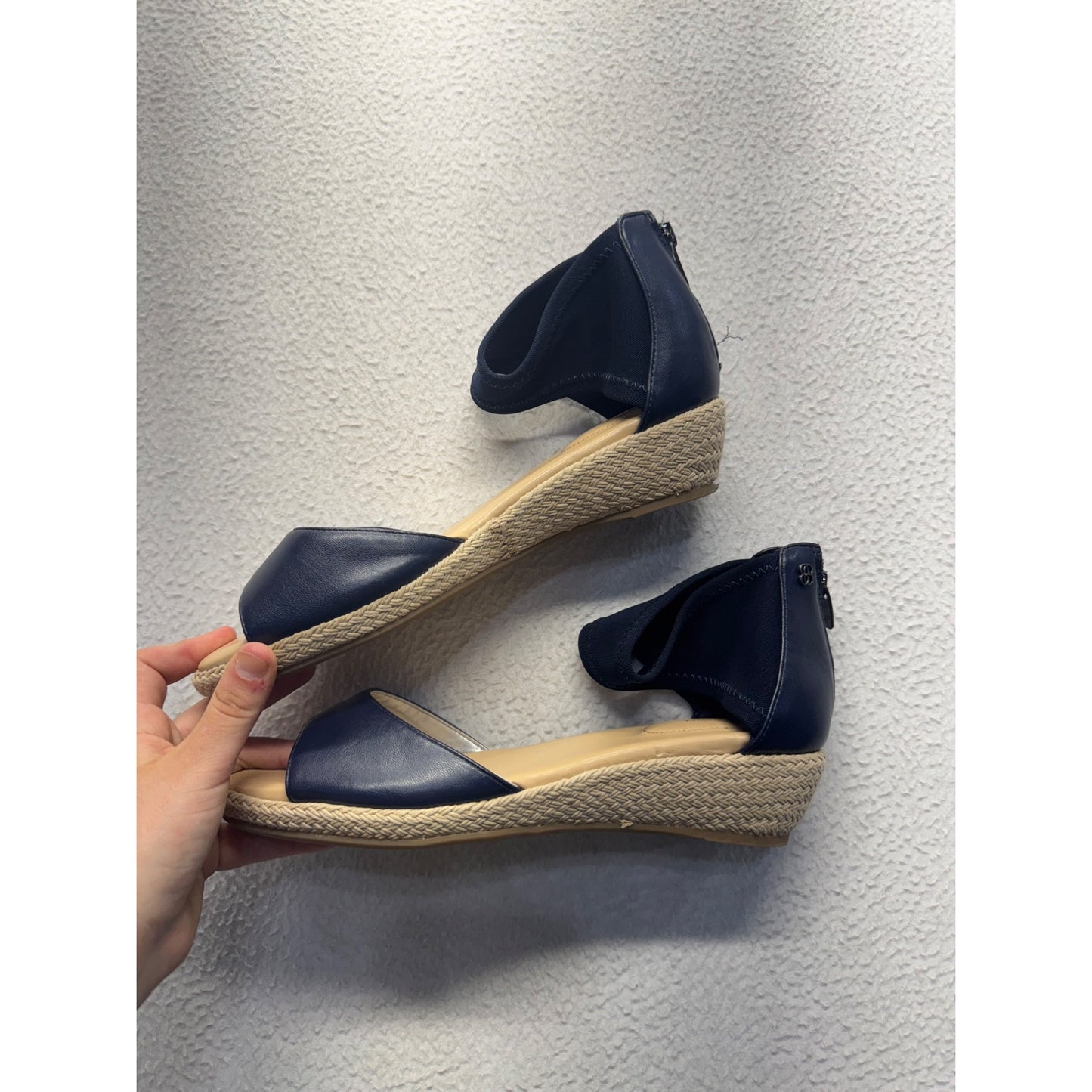 Navy Bandolino Leather Ankle Strap Wedge Sandals With Back Zipper Closure #7921
