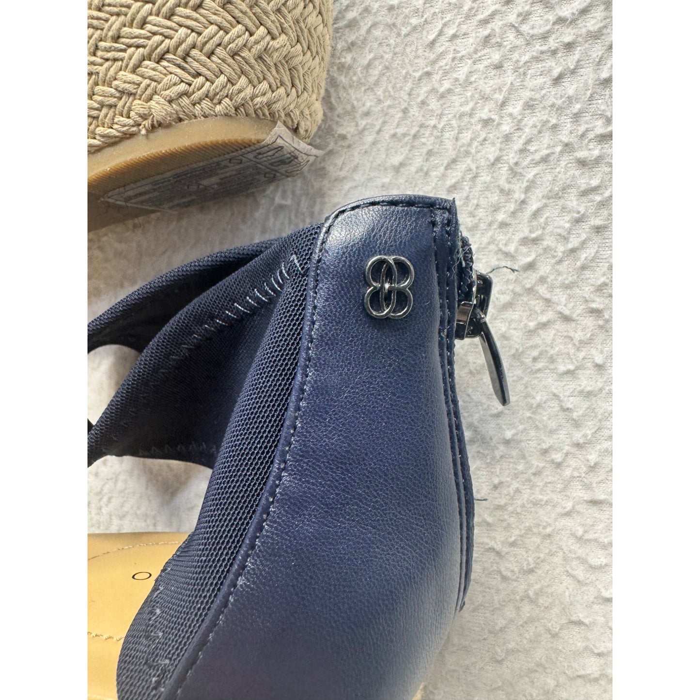 Navy Bandolino Leather Ankle Strap Wedge Sandals With Back Zipper Closure #7921