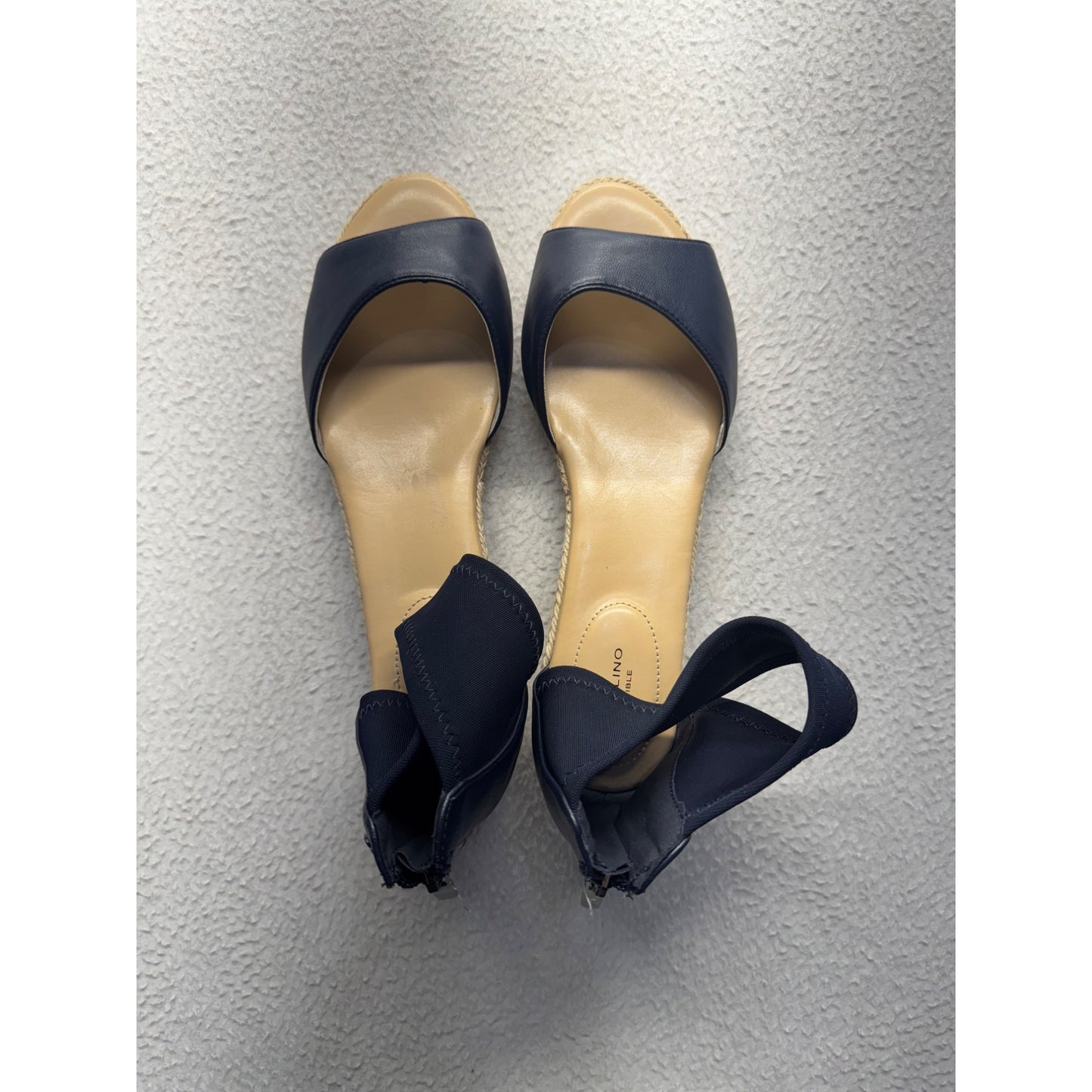 Navy Bandolino Leather Ankle Strap Wedge Sandals With Back Zipper Closure #7921