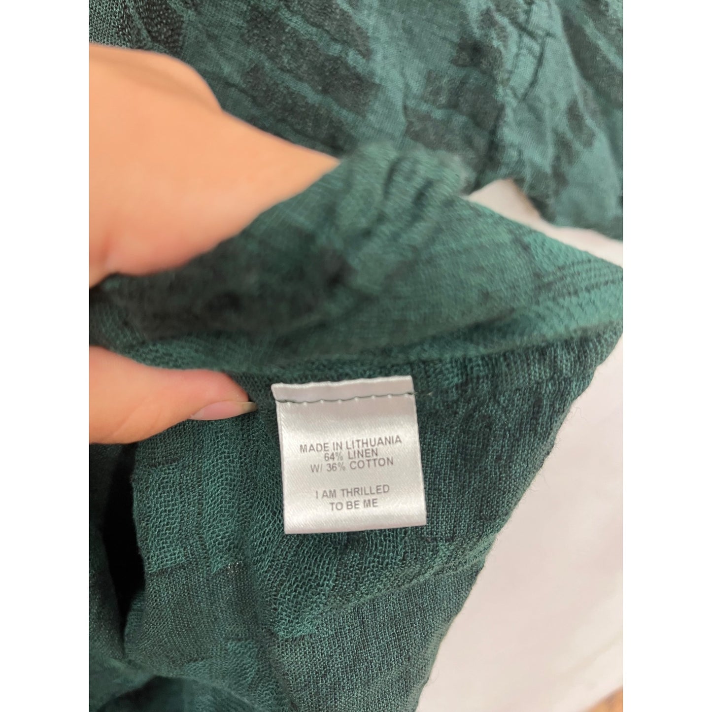 Flax Green Patterned Linen-Cotton Blend Long Sleeve Top Size L #167A