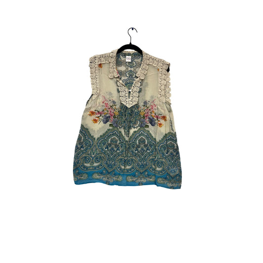 Vintage Biba Paisley Floral Lace Trim Sleeveless Blouse Rayon Boho Top #531A