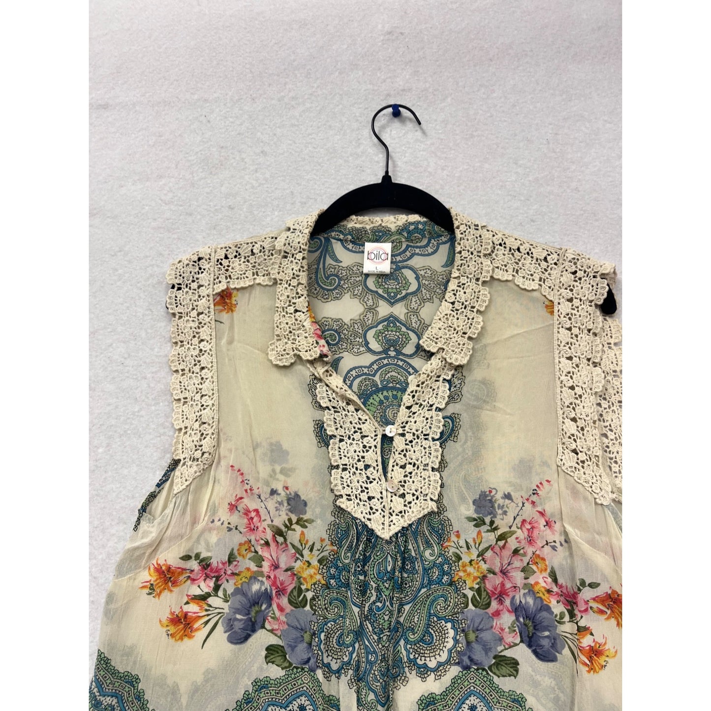 Vintage Biba Paisley Floral Lace Trim Sleeveless Blouse Rayon Boho Top #531A