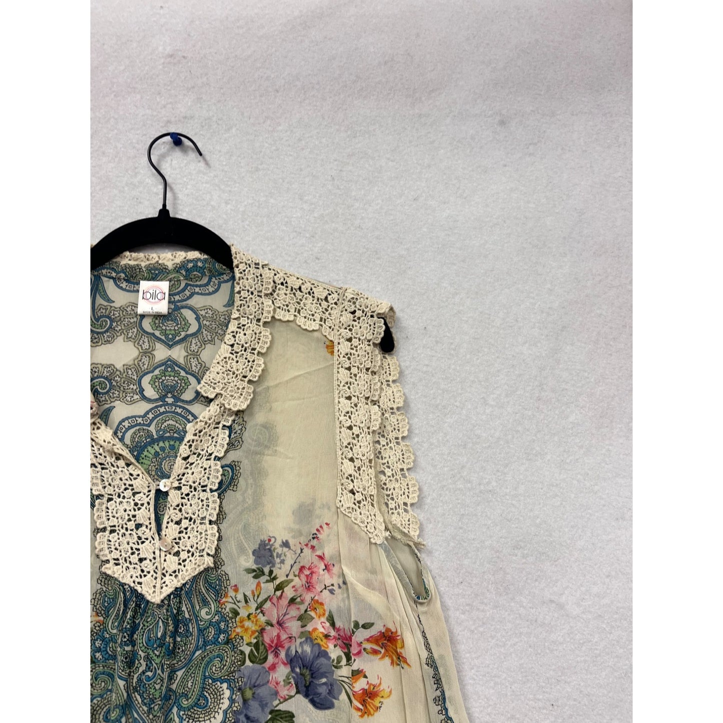 Vintage Biba Paisley Floral Lace Trim Sleeveless Blouse Rayon Boho Top #531A