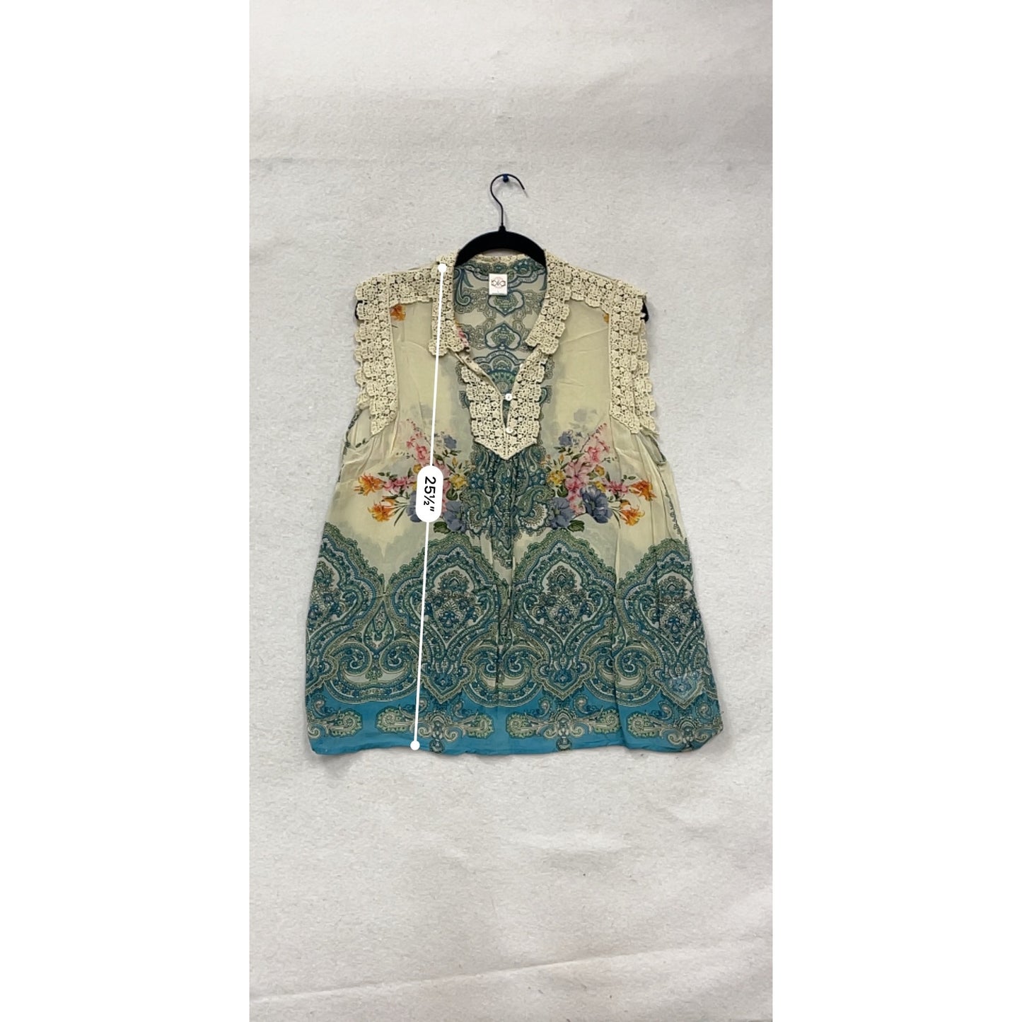 Vintage Biba Paisley Floral Lace Trim Sleeveless Blouse Rayon Boho Top #531A