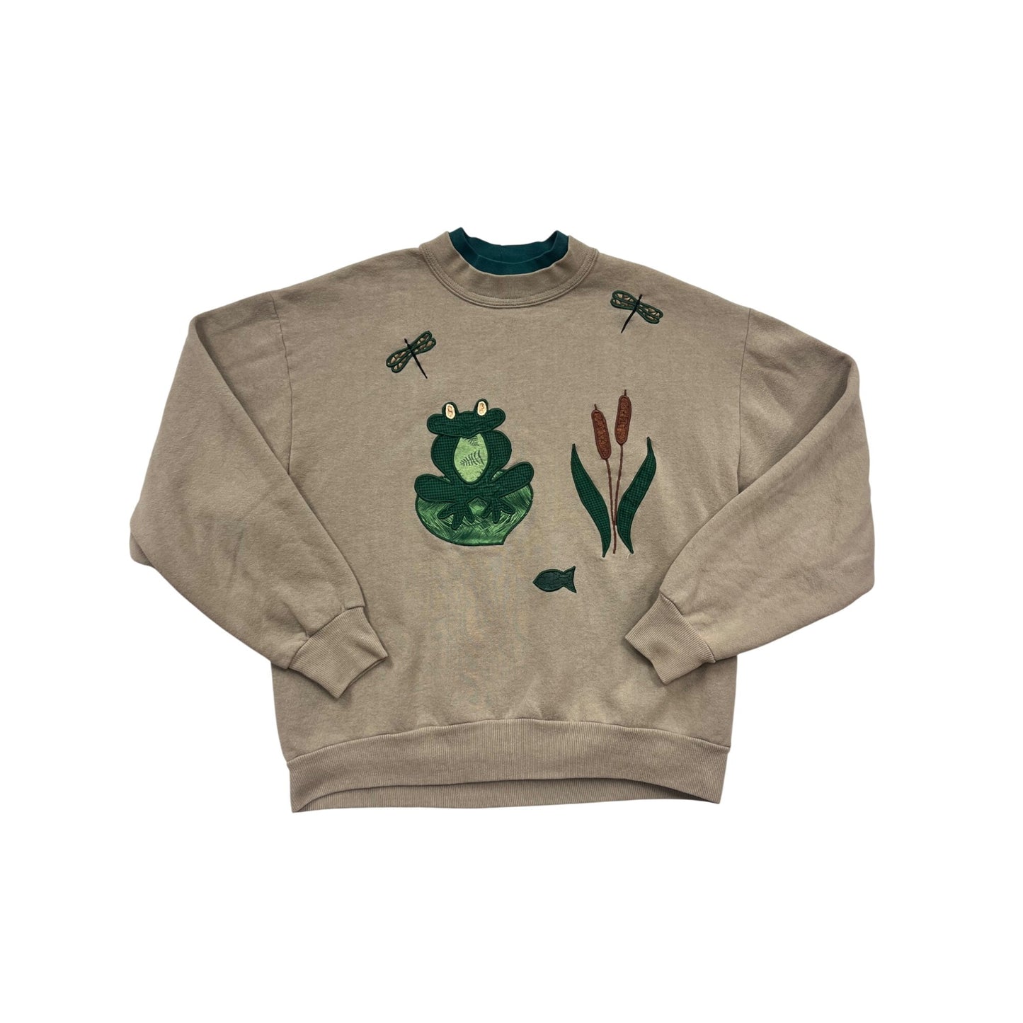 Vintage-Style Frog & Dragonfly Embroidered Beige Sweatshirt #220A