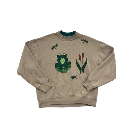 Vintage-Style Frog & Dragonfly Embroidered Beige Sweatshirt #220A