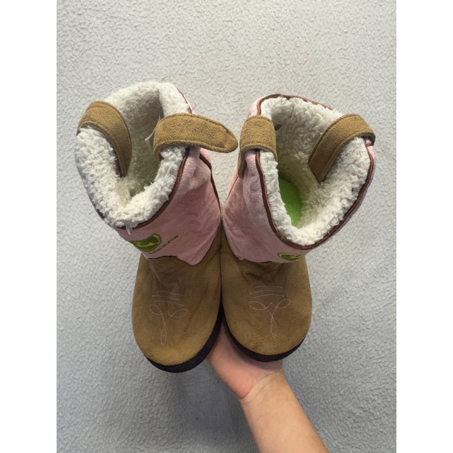John Deere Pink & Brown Cowboy Kickers With Sherpa Lining Size 6 #9813