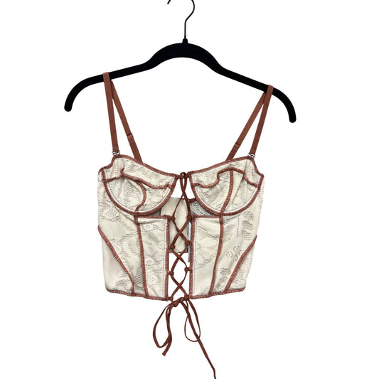 Out From Under Lace-Up Bustier Top In White & Brown Lace #881A