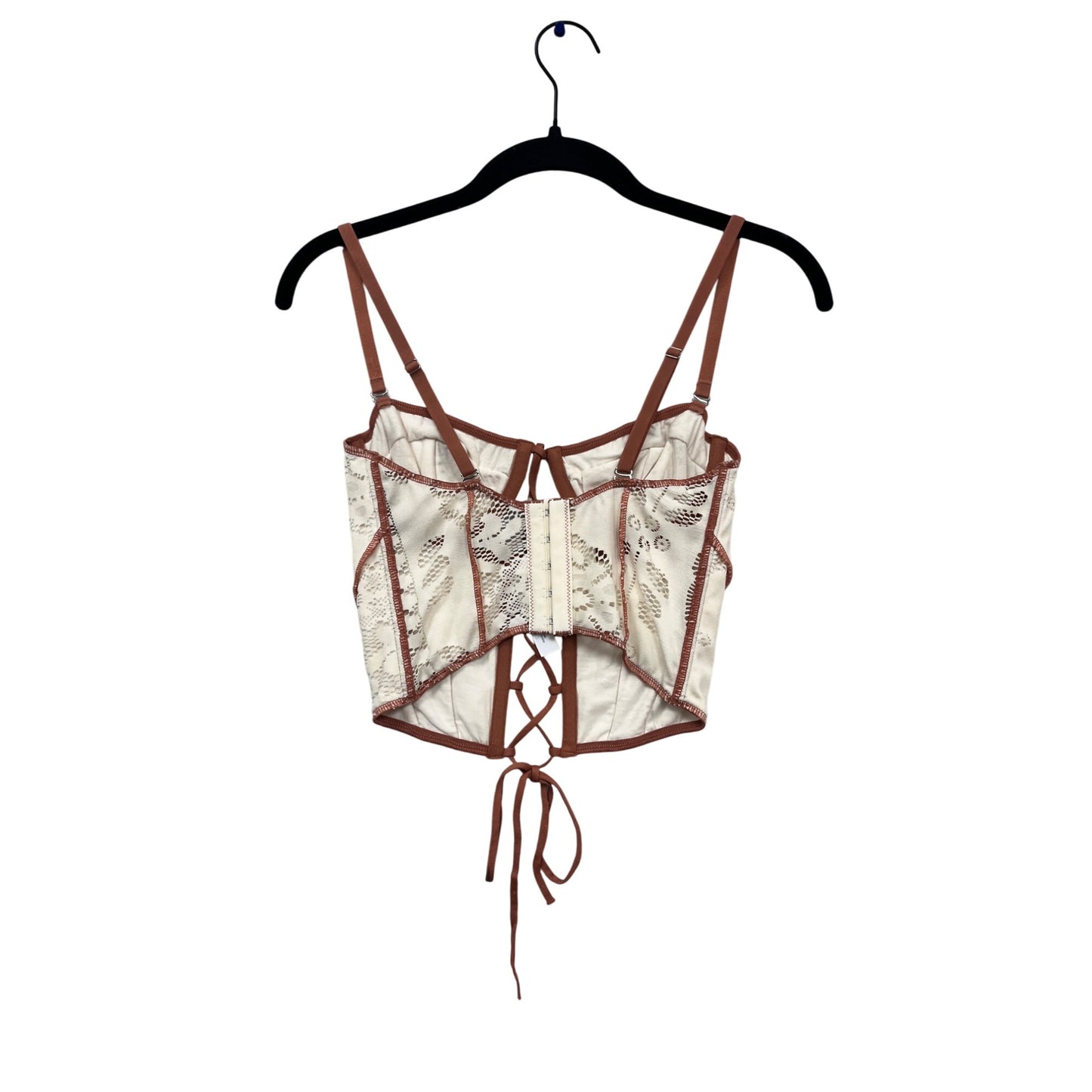 Out From Under Lace-Up Bustier Top In White & Brown Lace #881A