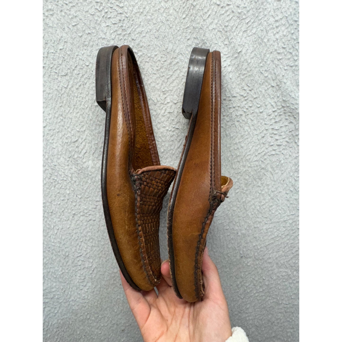 Cole Haan Brown Leather Woven Slip-On Loafers With Rubber Sole #9831