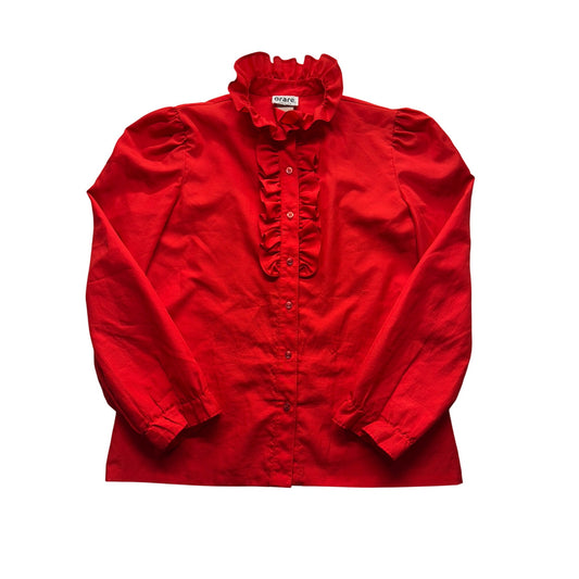 Vintage Orare Red Ruffle Button-Up Long Sleeve Blouse Size 16 USA Made #9728