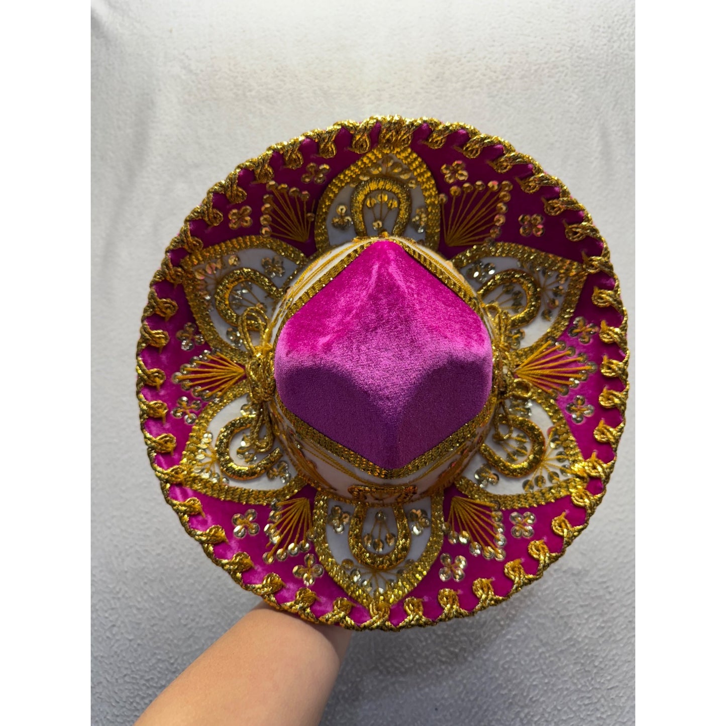 Pink & Gold Embroidered Salazar Yepez Mexican Sombrero Hat Velvet Handmade #9765