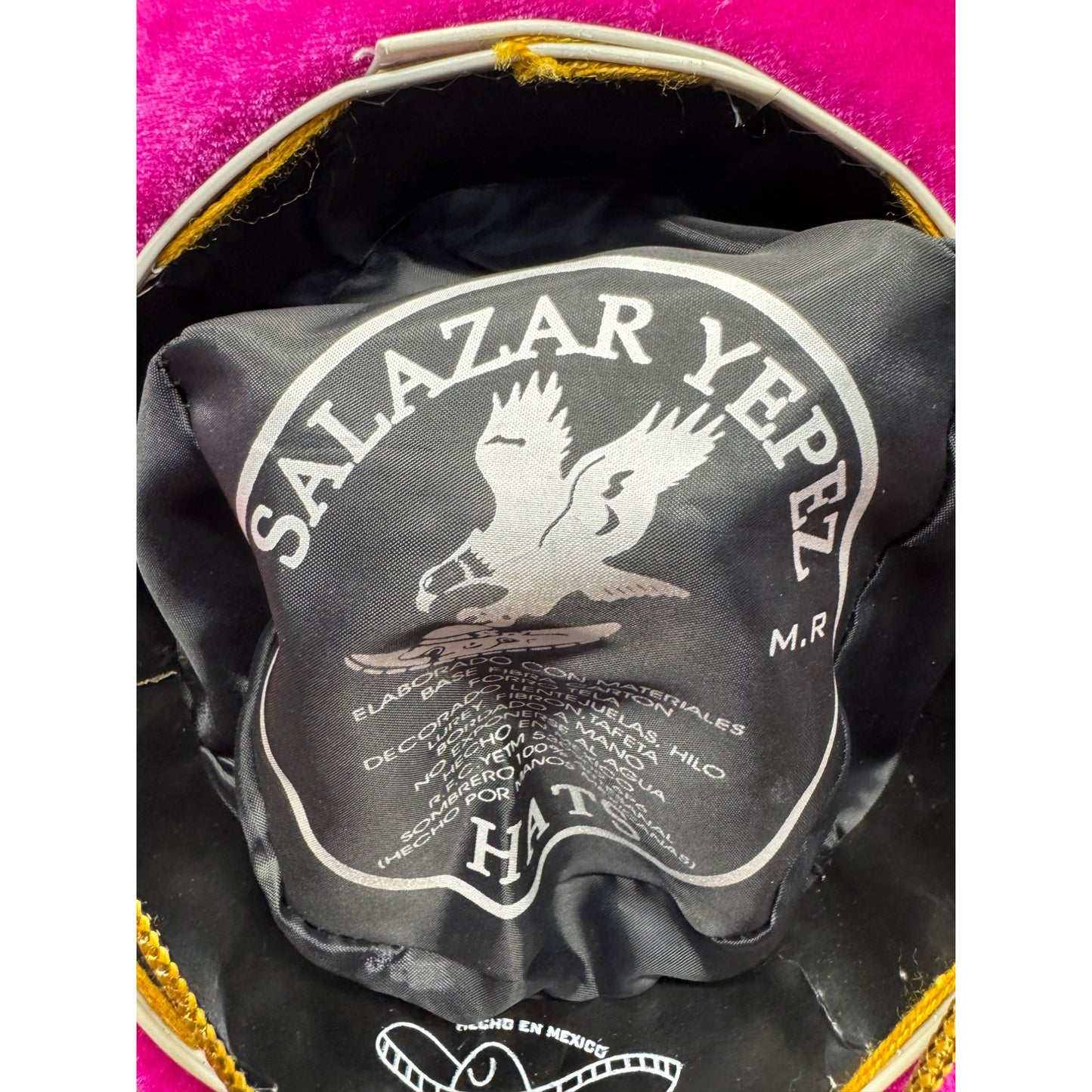 Pink & Gold Embroidered Salazar Yepez Mexican Sombrero Hat Velvet Handmade #9765