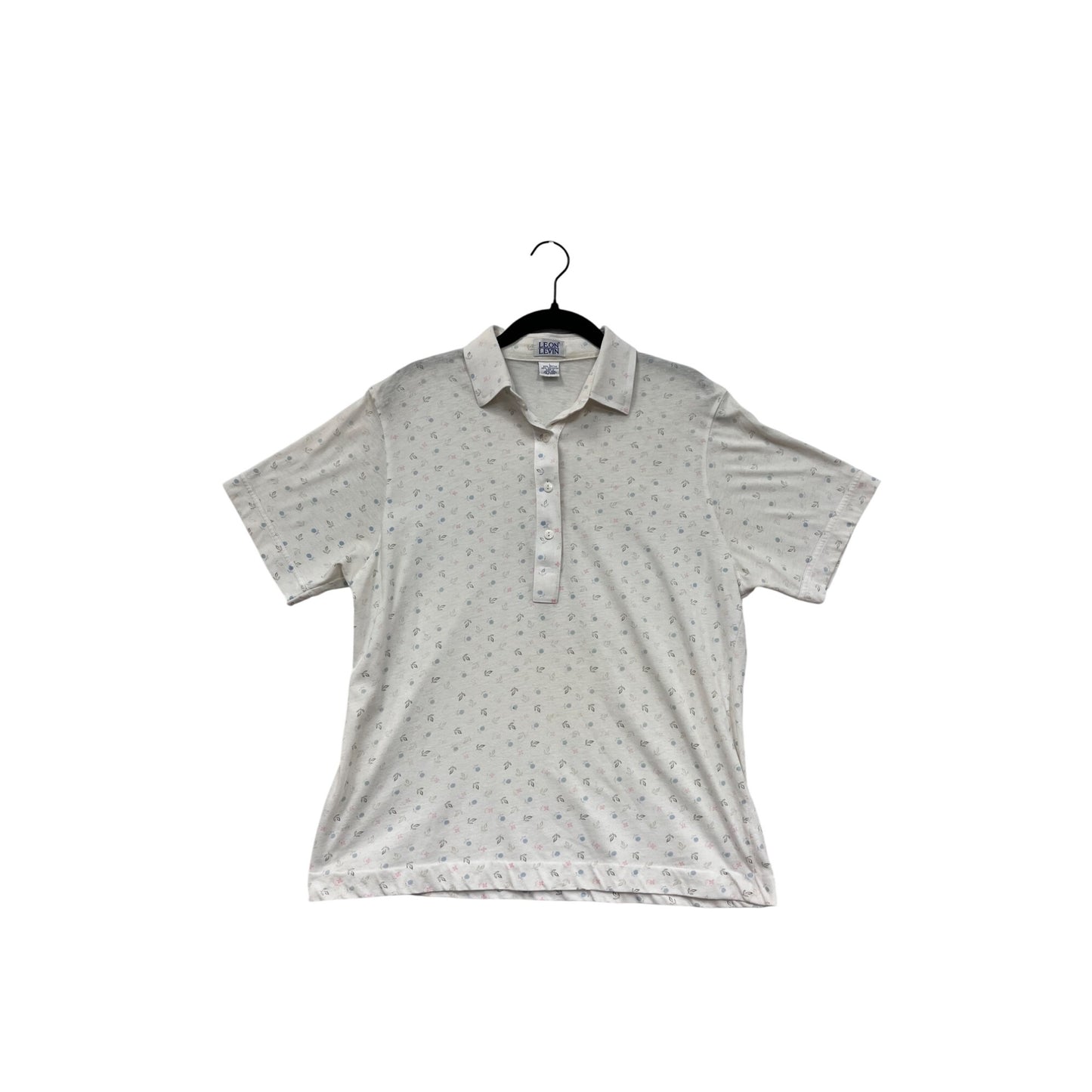 Leon Levin Womens Large White Floral Polo Short Sleeve Shirt #6715