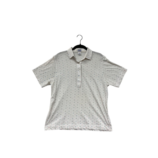 Leon Levin Womens Large White Floral Polo Short Sleeve Shirt #6715