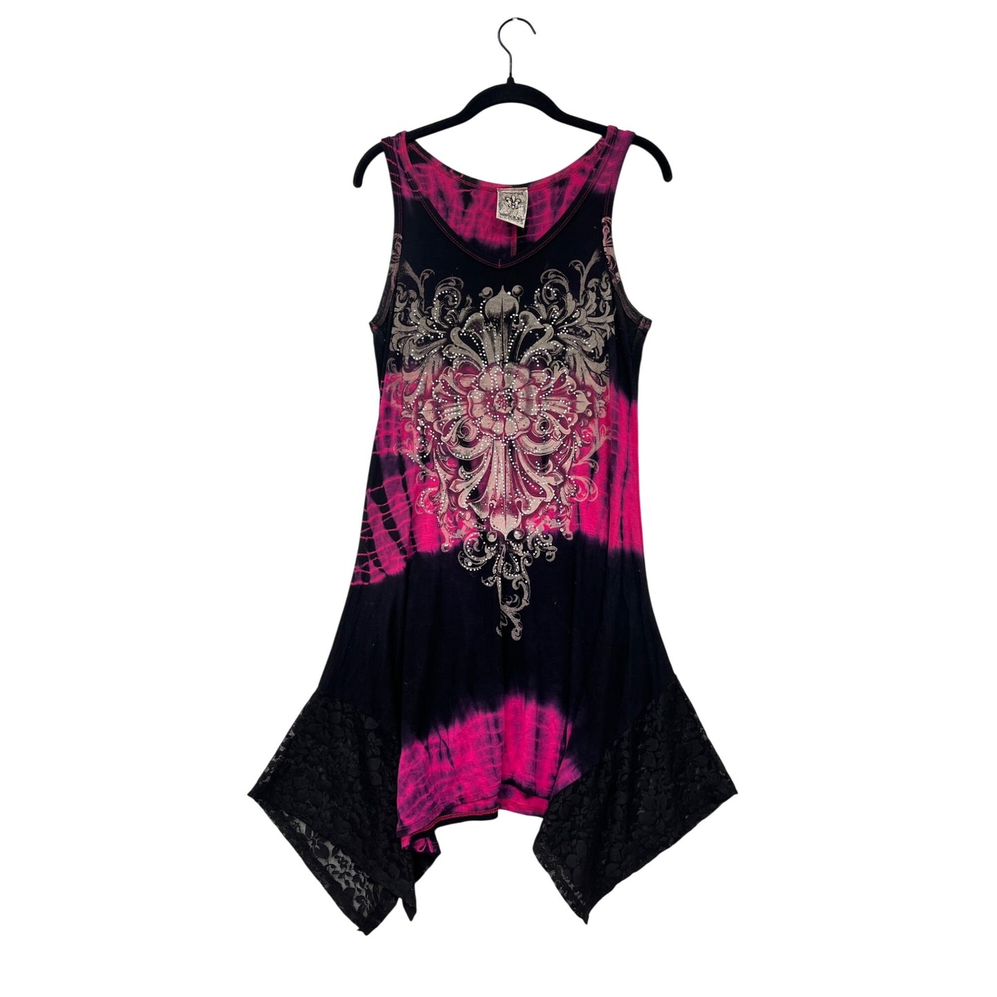 Women's Y2K Small Vocal Pink & Black Tie-Dye Sleeveless Dress With Lace Hem & Rhinestone Detail #6897