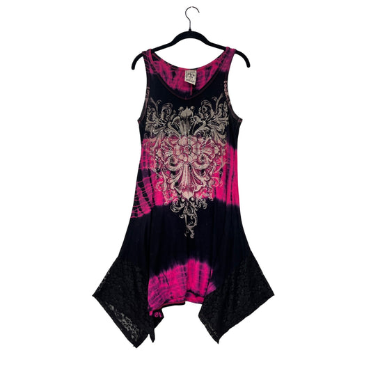 Women's Y2K Small Vocal Pink & Black Tie-Dye Sleeveless Dress With Lace Hem & Rhinestone Detail #6897