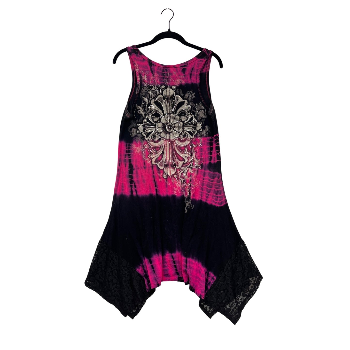 Women's Y2K Small Vocal Pink & Black Tie-Dye Sleeveless Dress With Lace Hem & Rhinestone Detail #6897