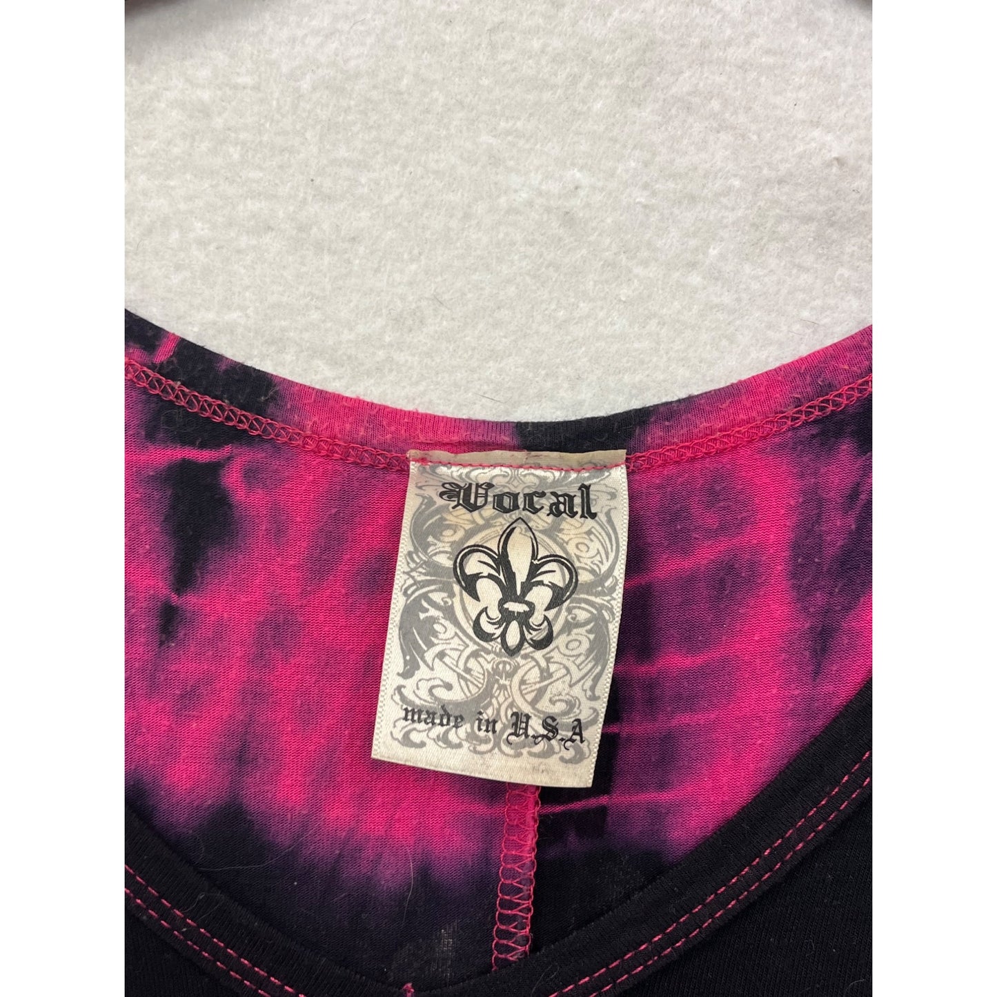 Women's Y2K Small Vocal Pink & Black Tie-Dye Sleeveless Dress With Lace Hem & Rhinestone Detail #6897