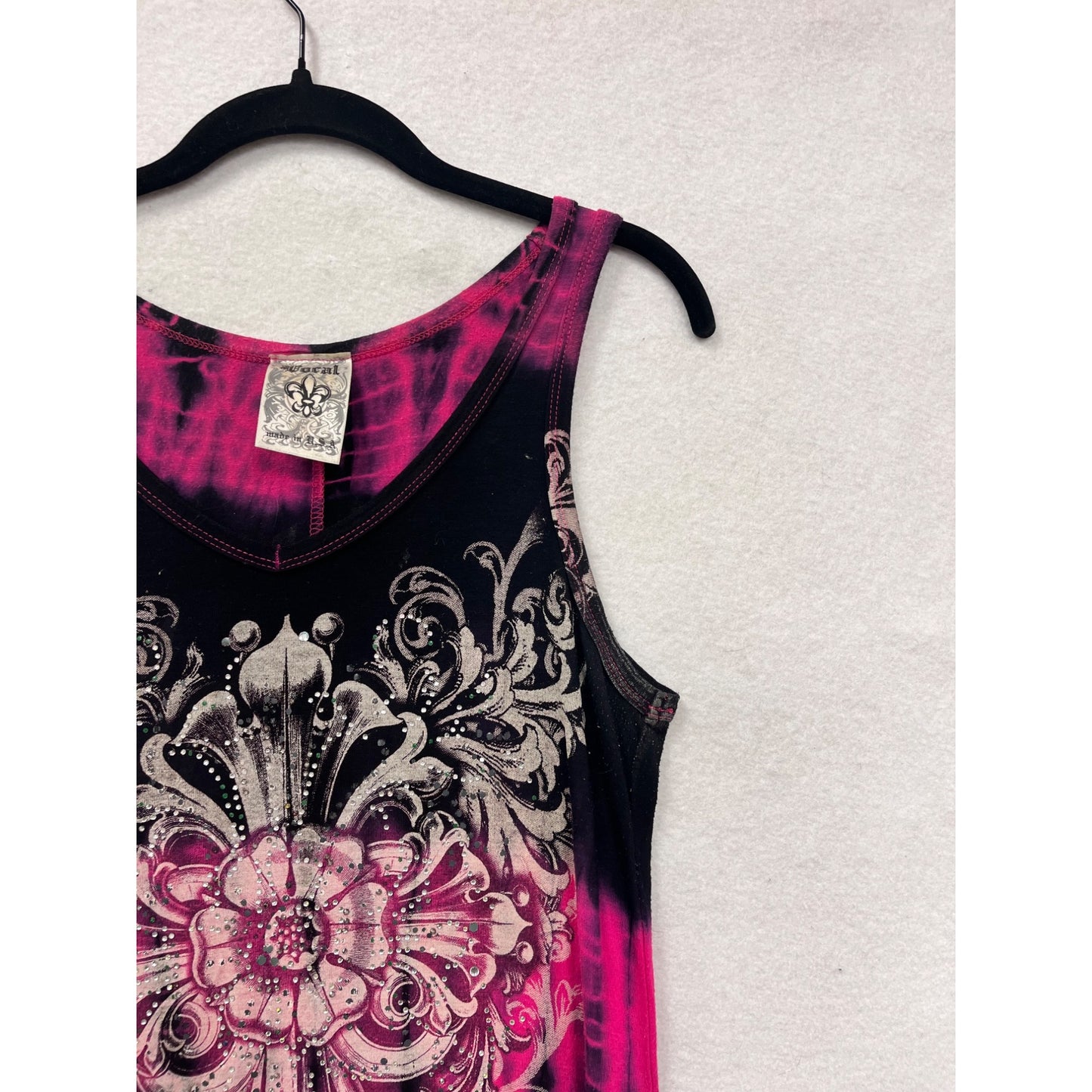 Women's Y2K Small Vocal Pink & Black Tie-Dye Sleeveless Dress With Lace Hem & Rhinestone Detail #6897