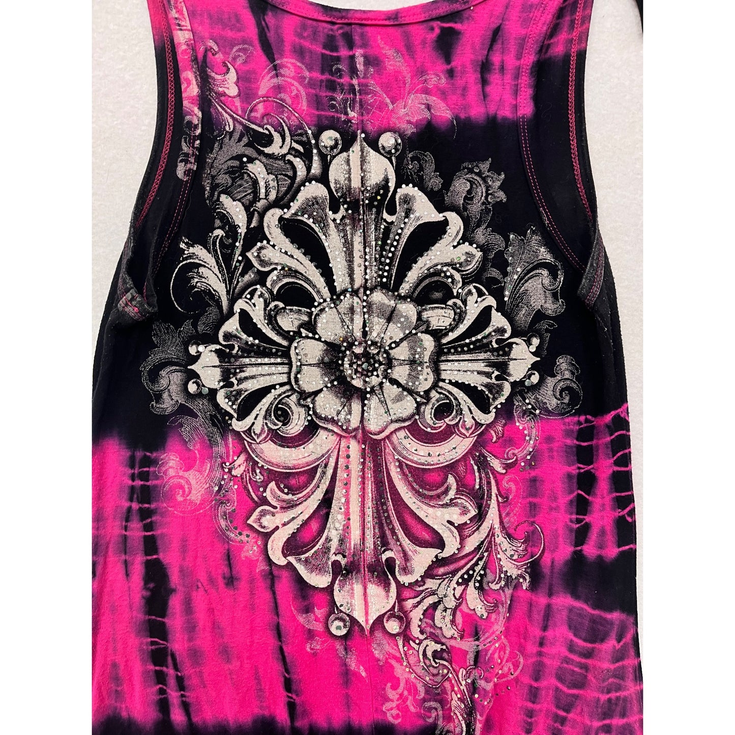 Women's Y2K Small Vocal Pink & Black Tie-Dye Sleeveless Dress With Lace Hem & Rhinestone Detail #6897
