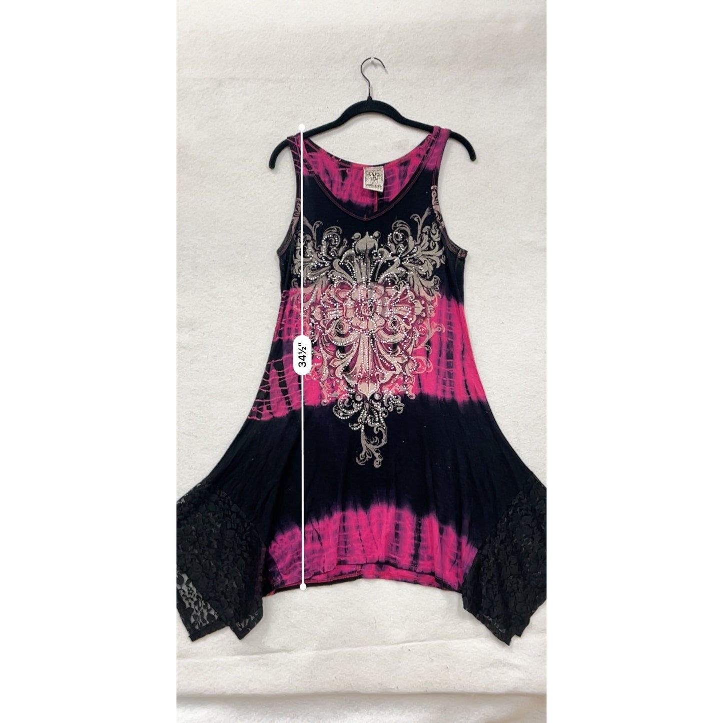 Women's Y2K Small Vocal Pink & Black Tie-Dye Sleeveless Dress With Lace Hem & Rhinestone Detail #6897