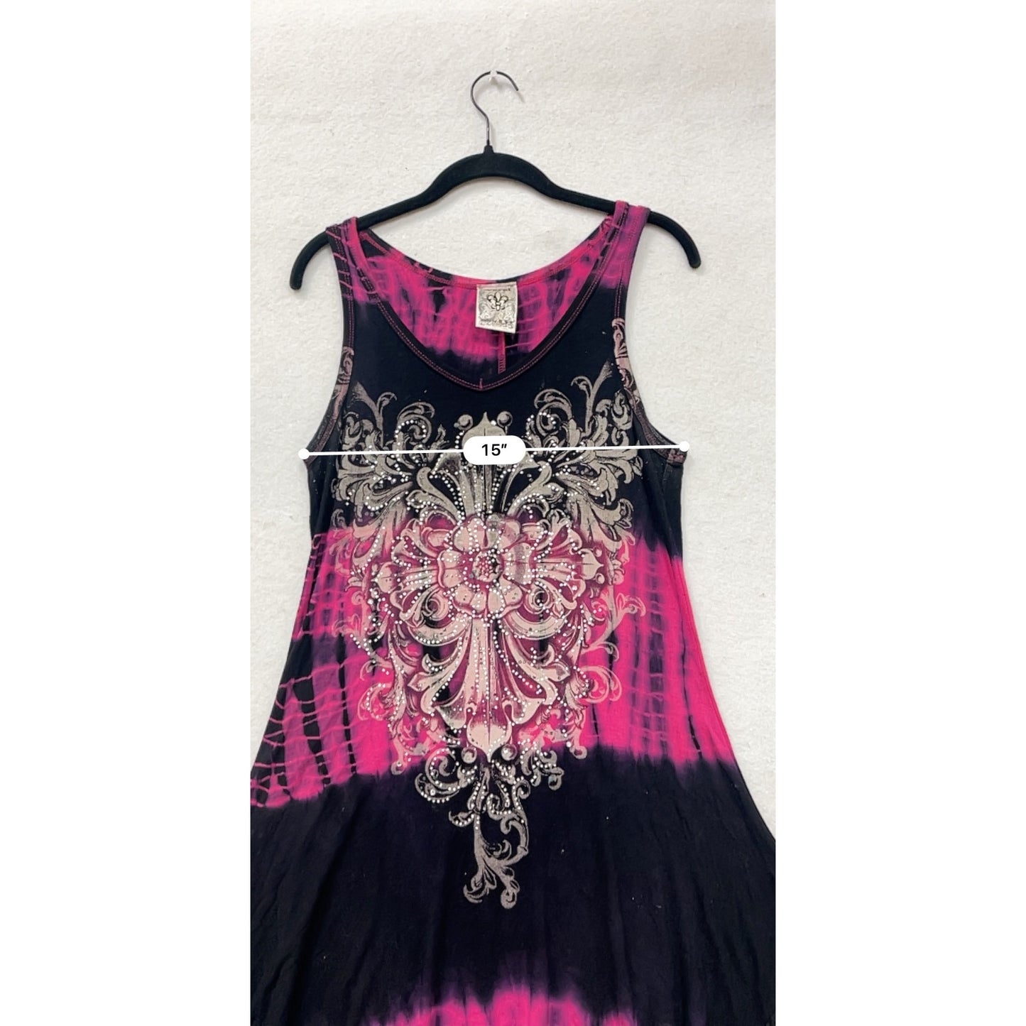 Women's Y2K Small Vocal Pink & Black Tie-Dye Sleeveless Dress With Lace Hem & Rhinestone Detail #6897