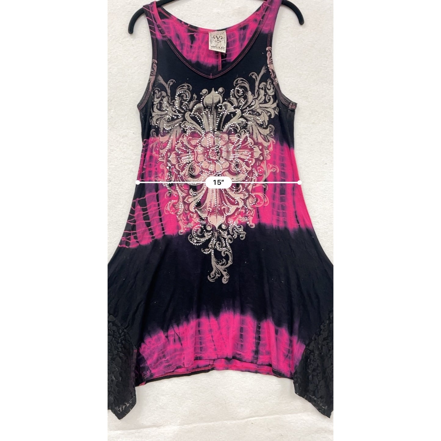 Women's Y2K Small Vocal Pink & Black Tie-Dye Sleeveless Dress With Lace Hem & Rhinestone Detail #6897