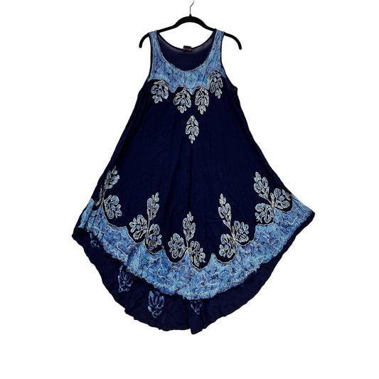 Indigo Blue Batik Leaf Print Sleeveless Maxi Dress Free Size #424A