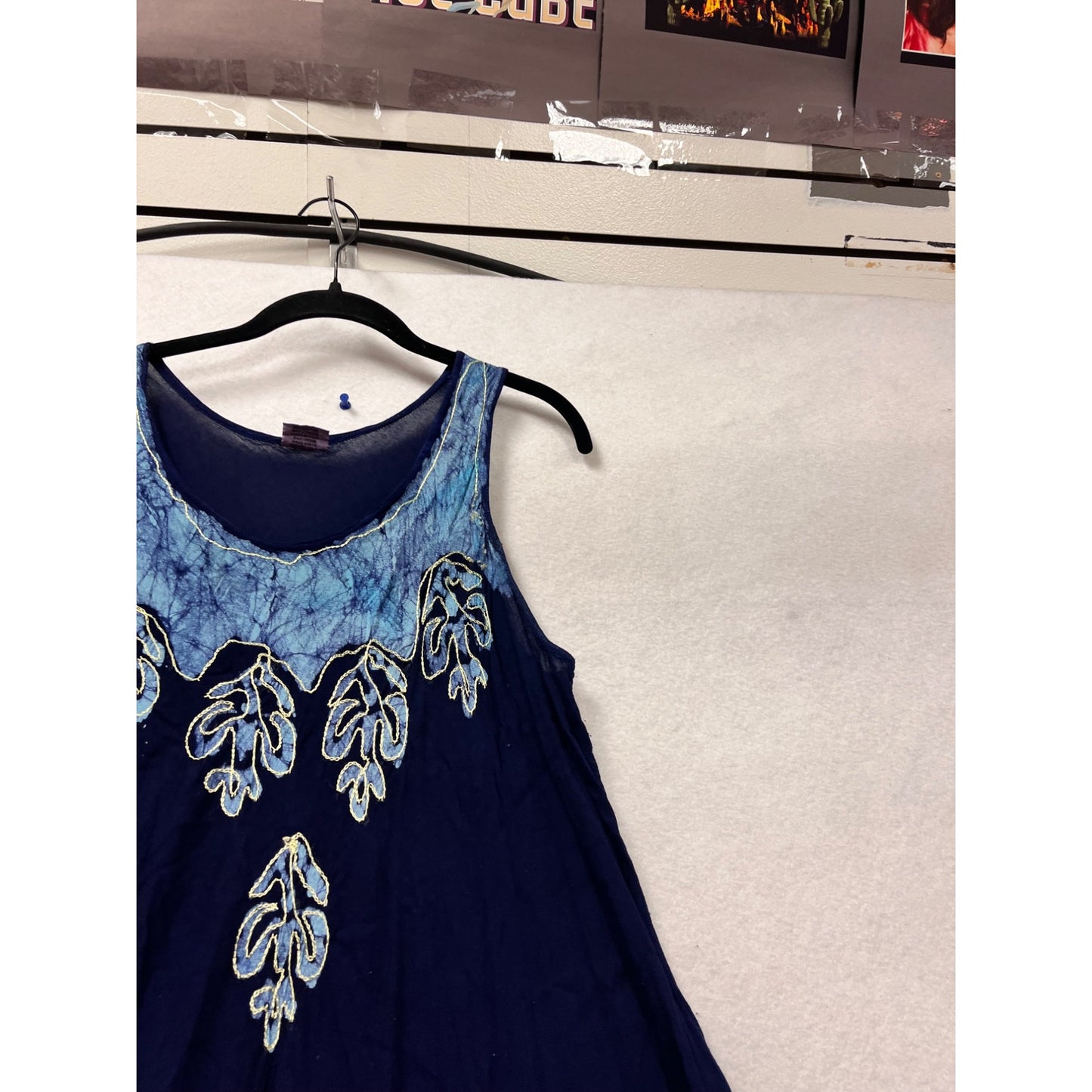 Indigo Blue Batik Leaf Print Sleeveless Maxi Dress Free Size #424A