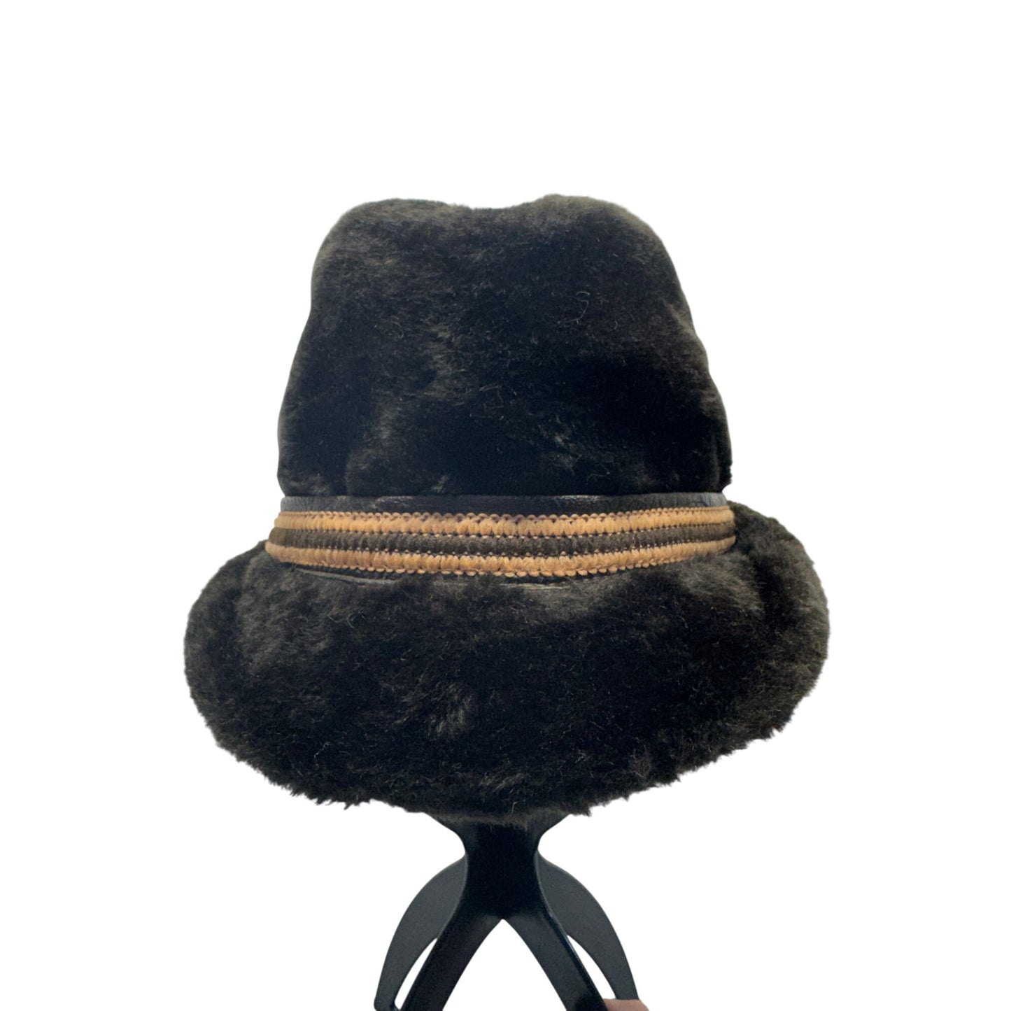 Vintage Faux Fur Bucket Hat With Button Accent & Brown Trim #9211