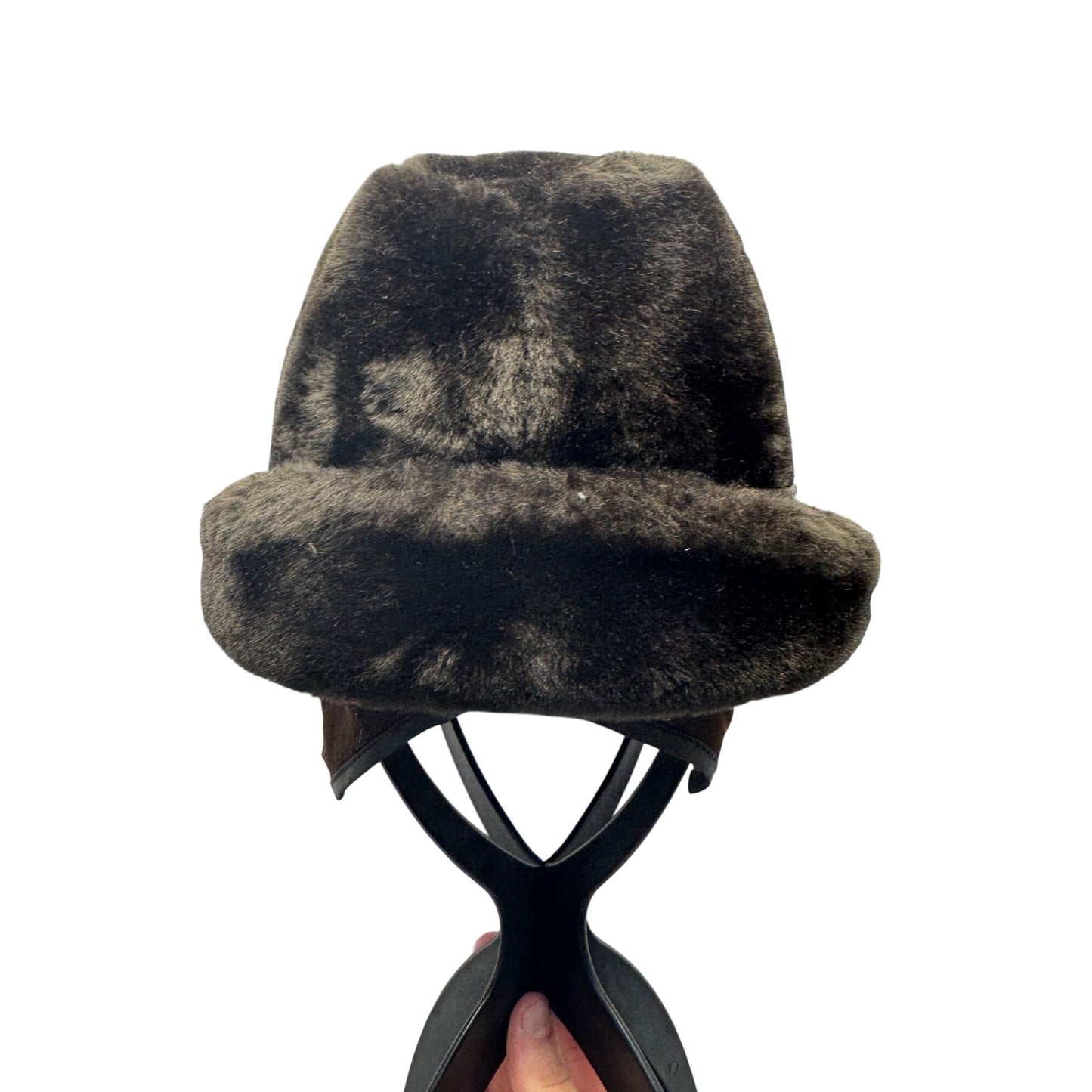 Vintage Faux Fur Bucket Hat With Button Accent & Brown Trim #9211