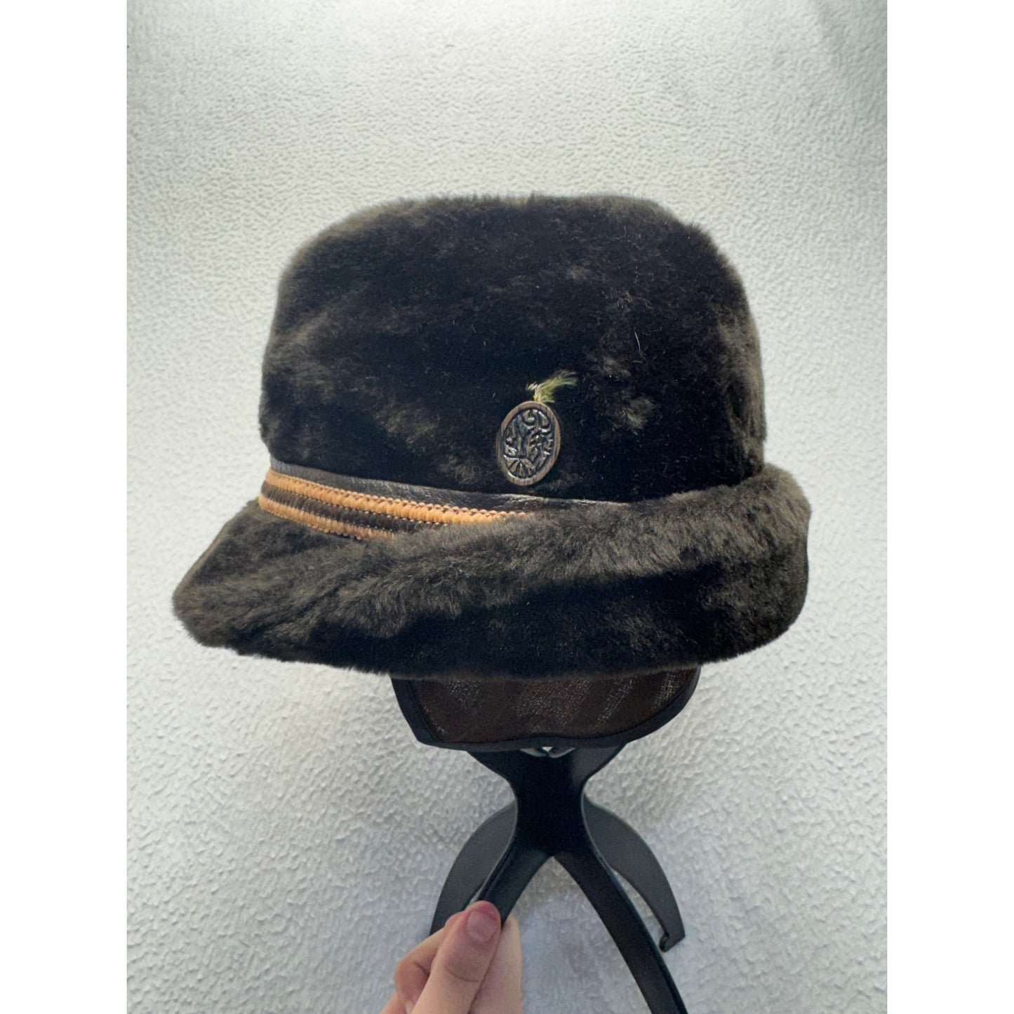 Vintage Faux Fur Bucket Hat With Button Accent & Brown Trim #9211