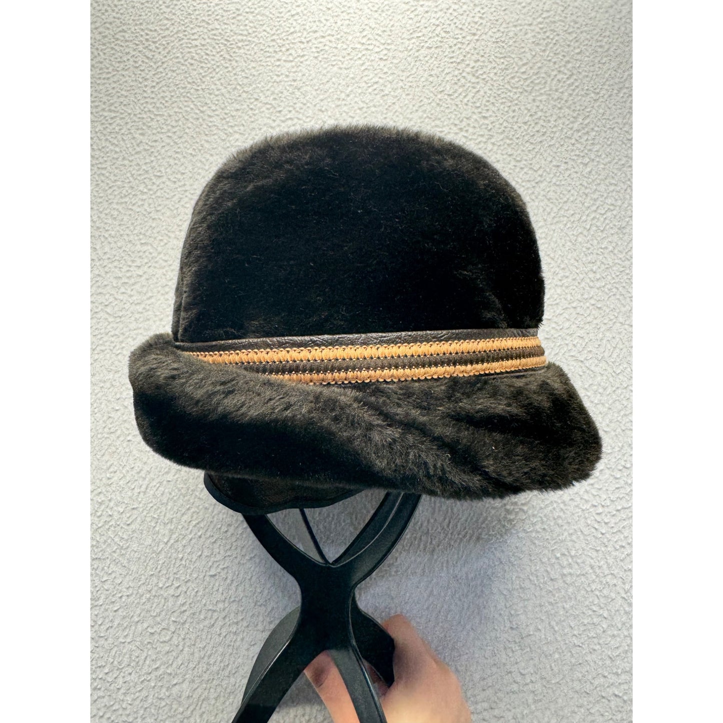 Vintage Faux Fur Bucket Hat With Button Accent & Brown Trim #9211
