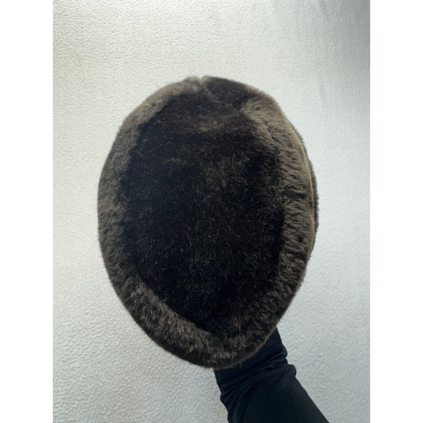 Vintage Faux Fur Bucket Hat With Button Accent & Brown Trim #9211