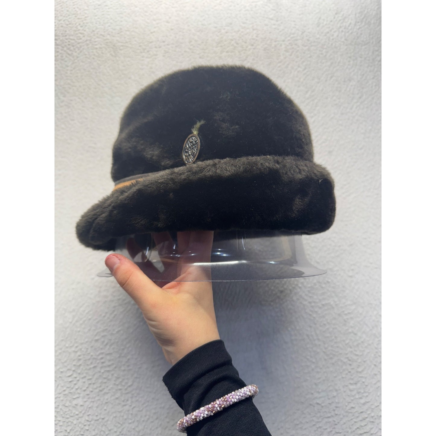 Vintage Faux Fur Bucket Hat With Button Accent & Brown Trim #9211