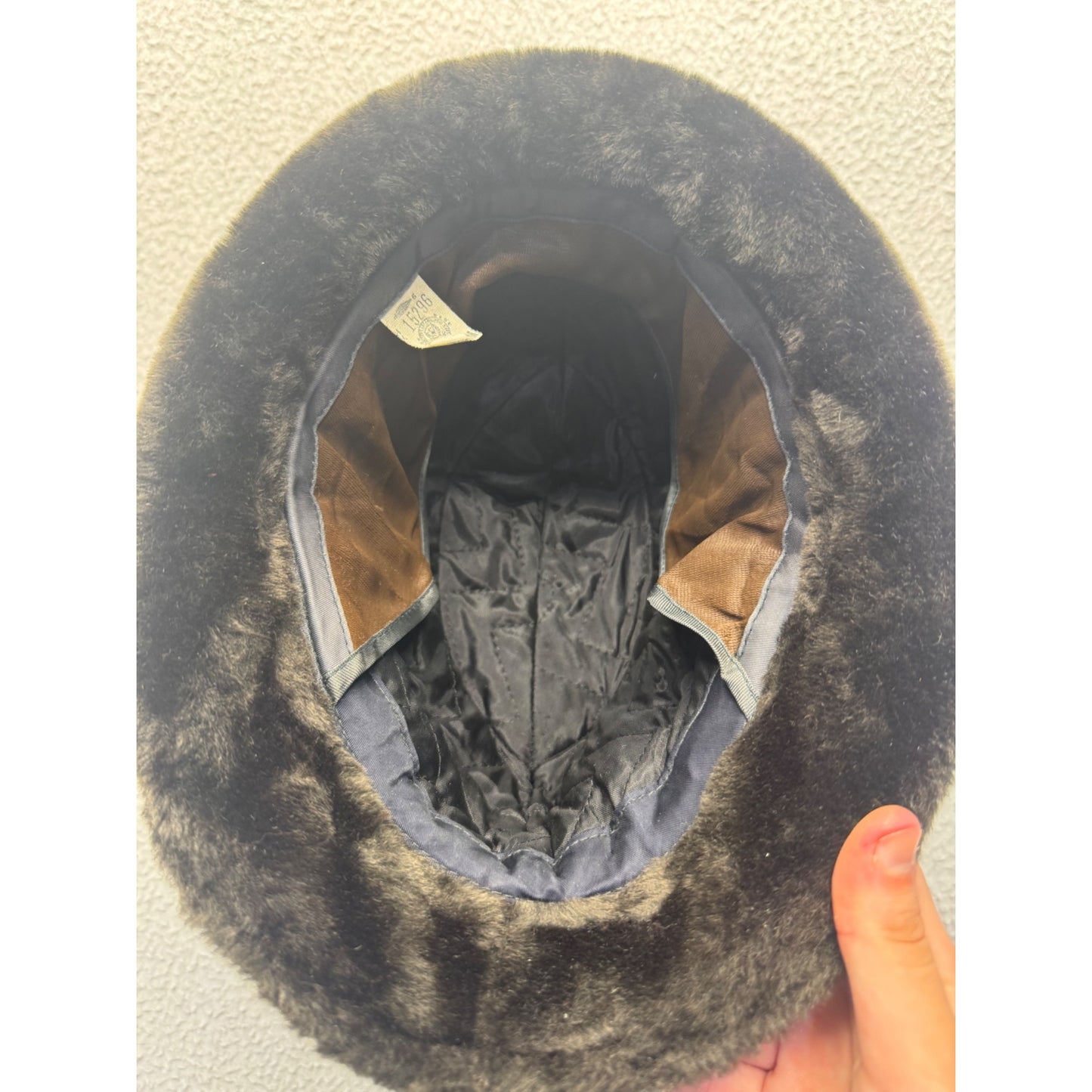 Vintage Faux Fur Bucket Hat With Button Accent & Brown Trim #9211