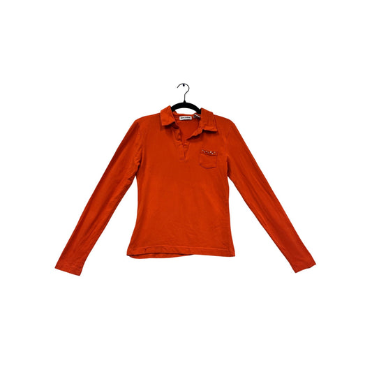 Red Paint Orange Long-Sleeve Collared Shirt With Front Pocket & Stud Detail M #983A