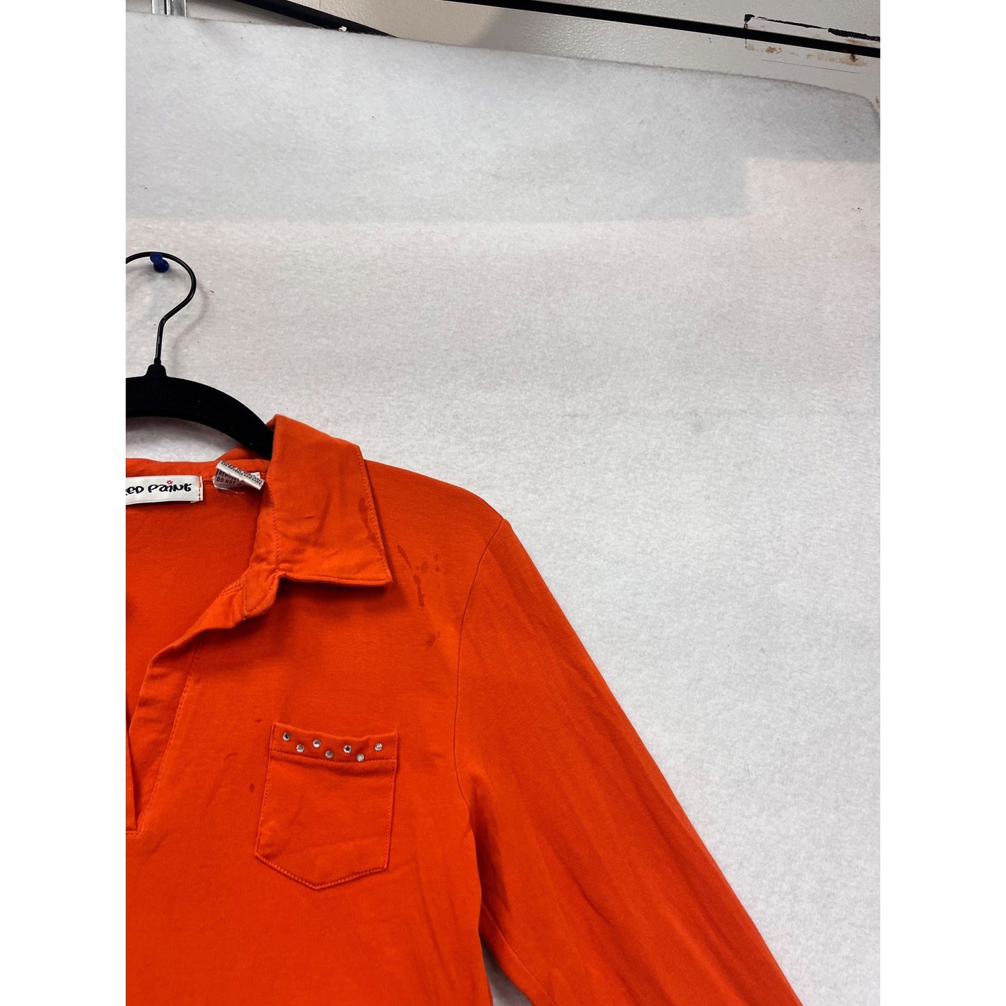 Red Paint Orange Long-Sleeve Collared Shirt With Front Pocket & Stud Detail M #983A