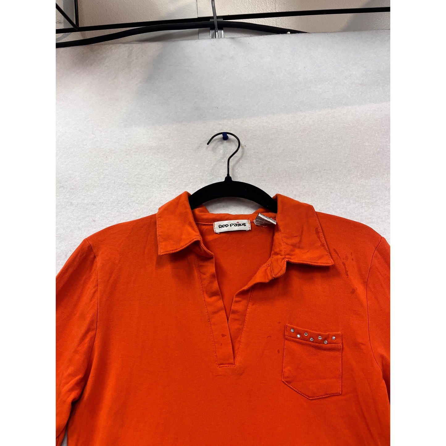 Red Paint Orange Long-Sleeve Collared Shirt With Front Pocket & Stud Detail M #983A