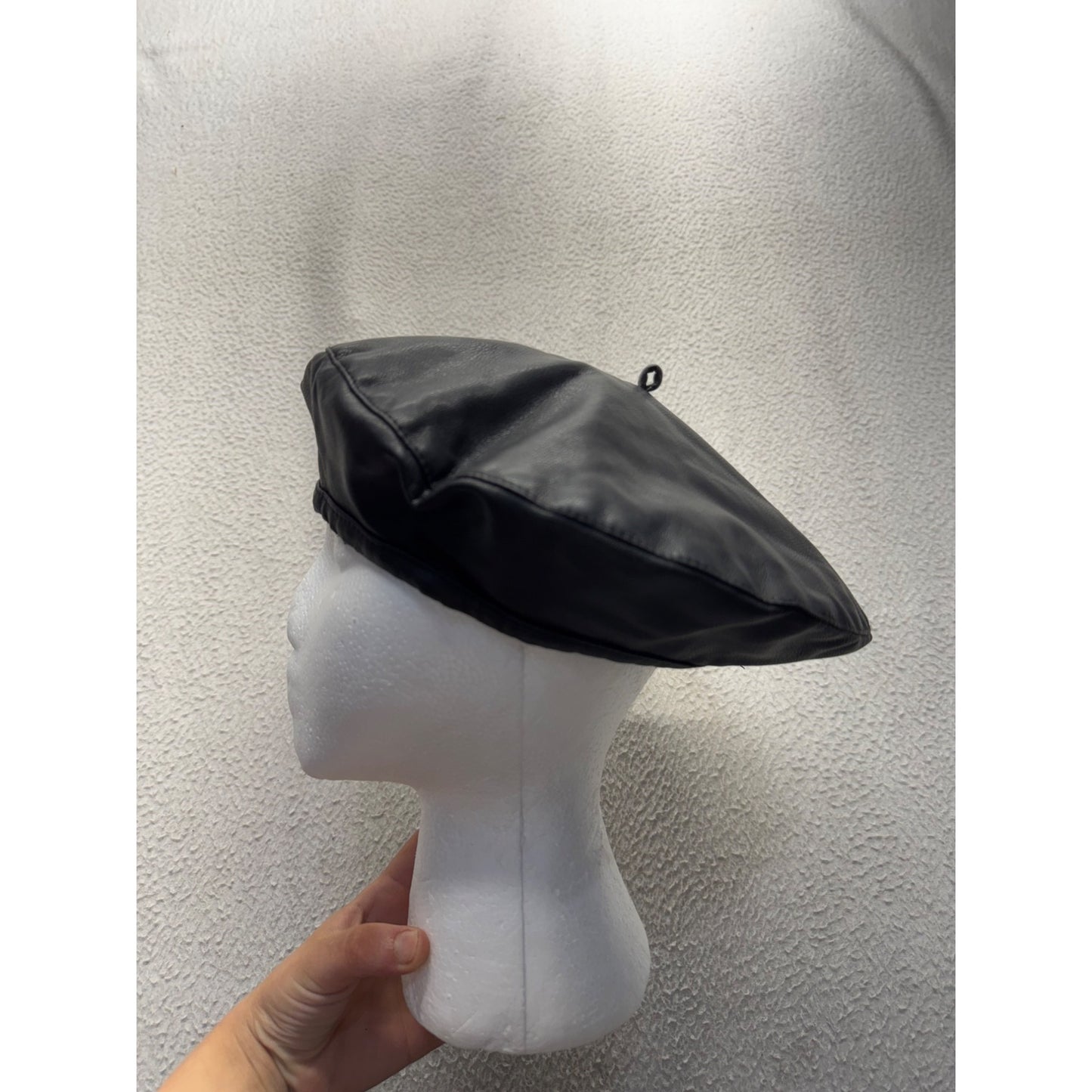 Black Faux Leather Beret Hat With Elastic Back Stylish & Lightweight #9727
