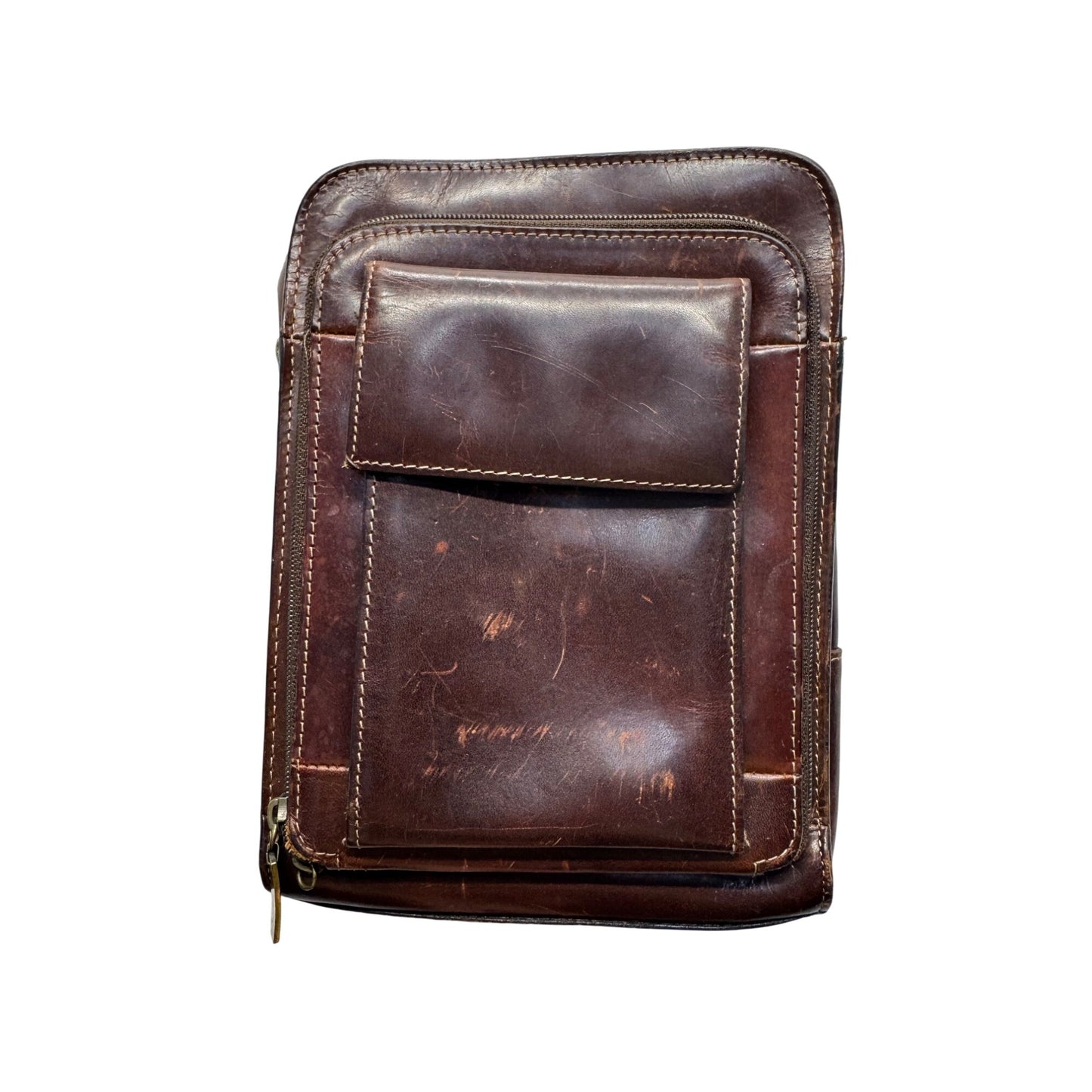 Vintage Brown Leather Crossbody Bag Zipper & Pocket Closures Compact Design 92B