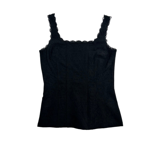 Black Lace Trim Camisole Tank Top With Floral Jacquard Design #6432
